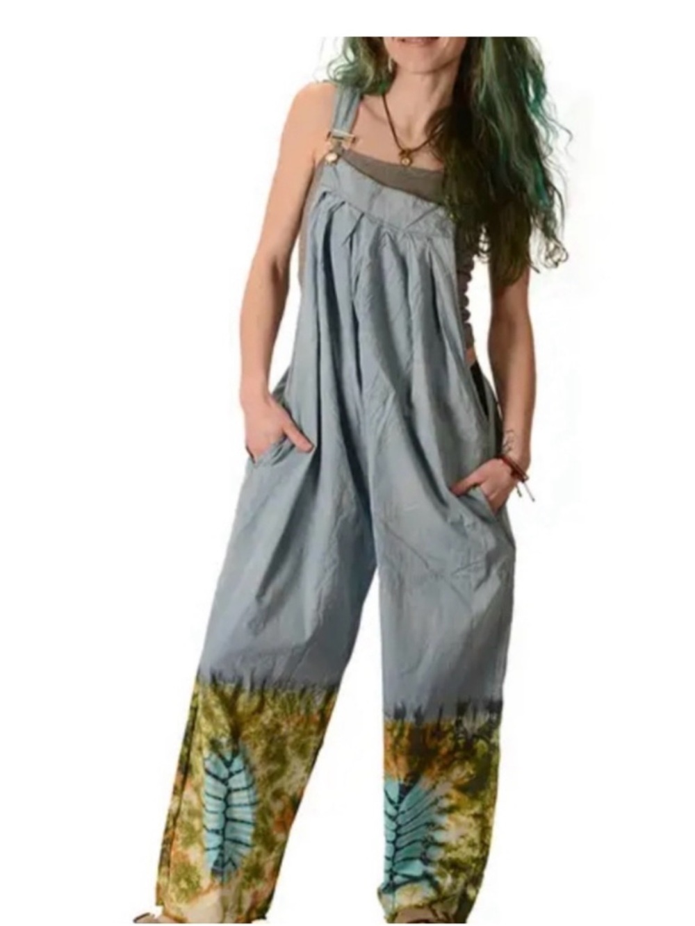 Gypsy Rose Hippie Overall Tie Dye Romper with Blue Denim Accents - Sz S/M